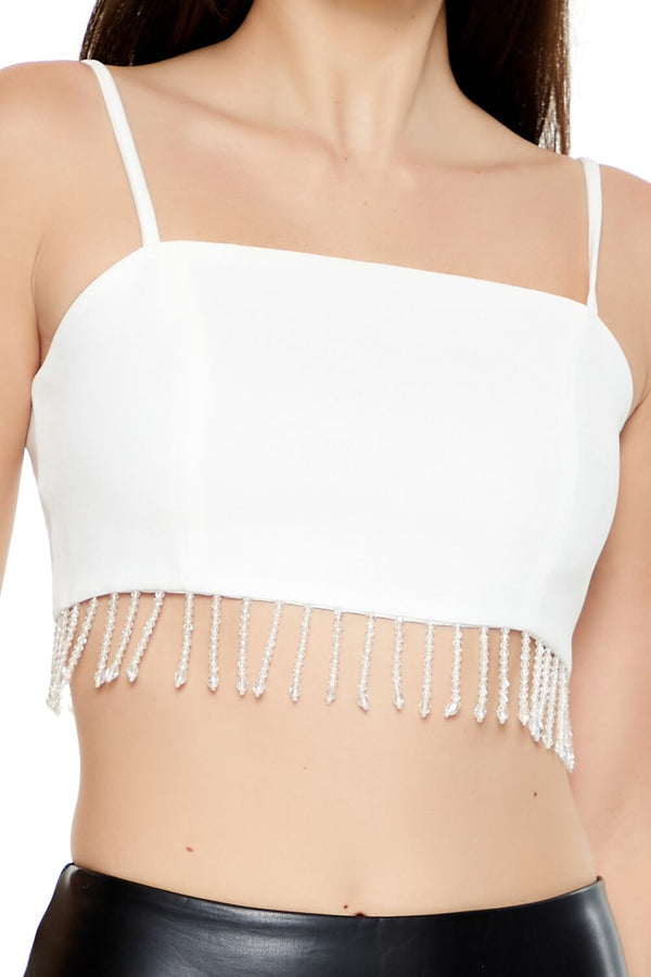 Forever21 Beaded Tassel-Trim Cropped Cami WHITE