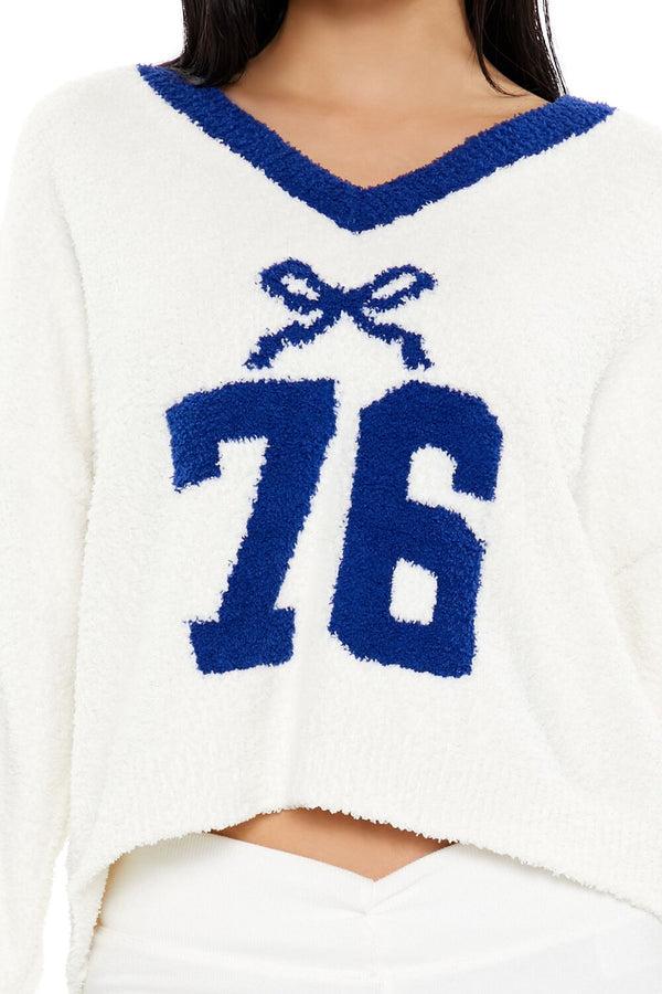 Forever21 Bow 76 Fuzzy Knit Sweater WHITE/BLUE