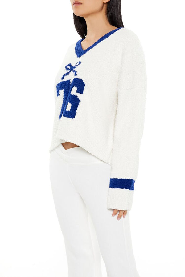 Forever21 Bow 76 Fuzzy Knit Sweater WHITE/BLUE
