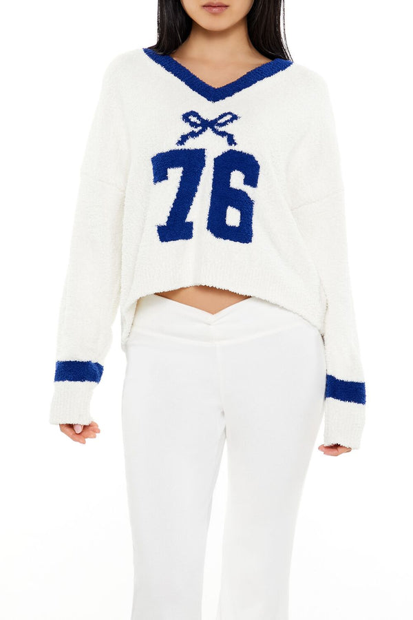 Forever21 Bow 76 Fuzzy Knit Sweater WHITE/BLUE