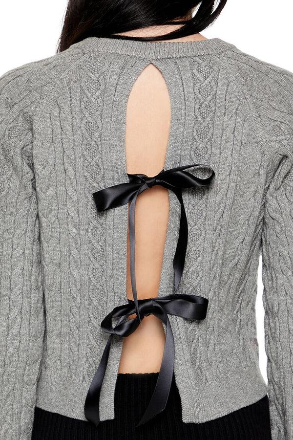 Forever21 Bow Cable Knit Sweater GREY/BLACK