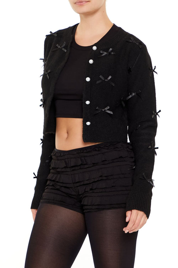 Forever21 Bow & Faux Pearl Cardigan Sweater BLACK