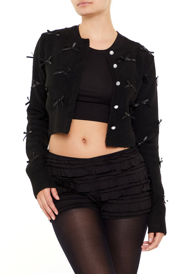 Forever21 Bow & Faux Pearl Cardigan Sweater BLACK
