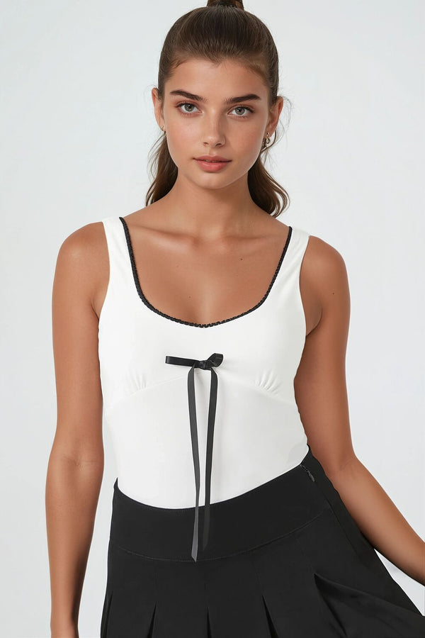 Forever21 Bow Ricrac-Trim Bodysuit WHITE/BLACK