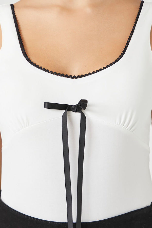 Forever21 Bow Ricrac-Trim Bodysuit WHITE/BLACK