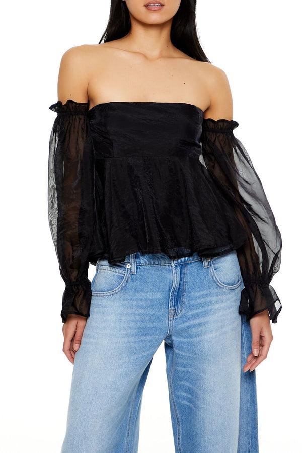 Forever21 Chiffon Off-the-Shoulder Top BLACK