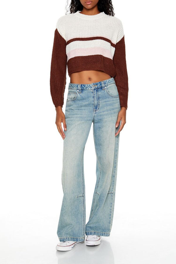 Forever21 Colorblock Cropped Sweater BROWN/MULTI