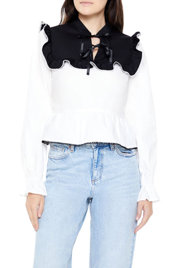 Forever21 Colorblock Ruffle Peplum Top BLACK/WHITE