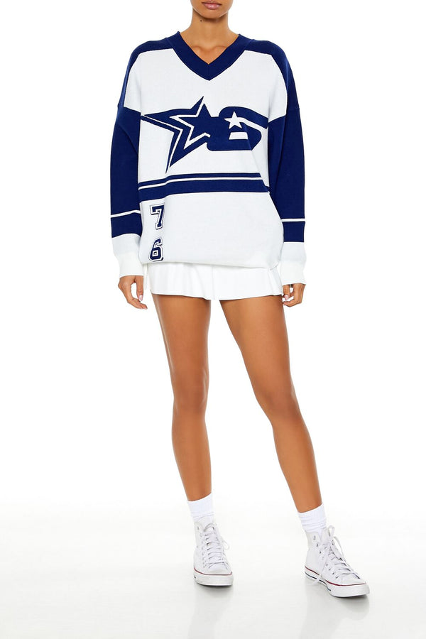 Forever21 Colorblock Star 6 Sweater WHITE/BLUE