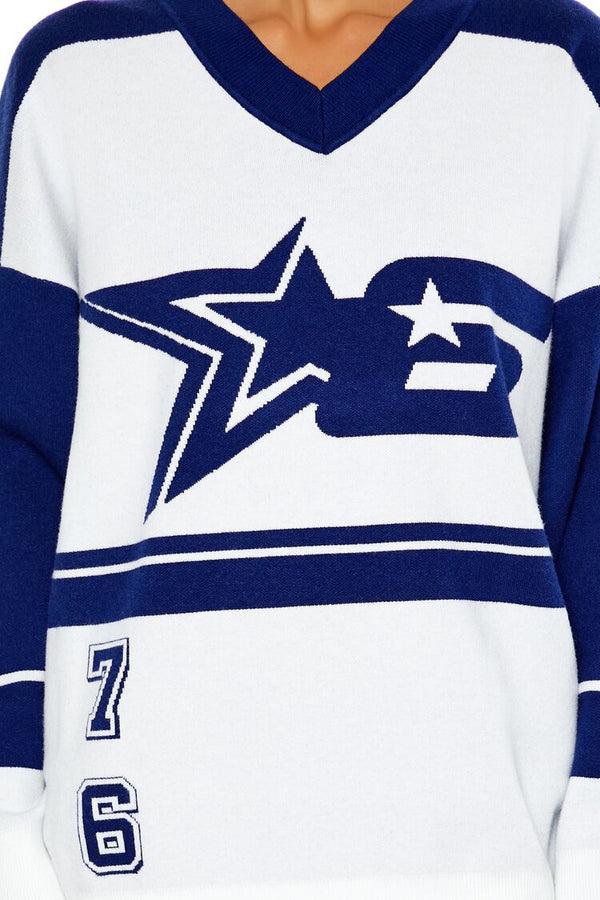 Forever21 Colorblock Star 6 Sweater WHITE/BLUE