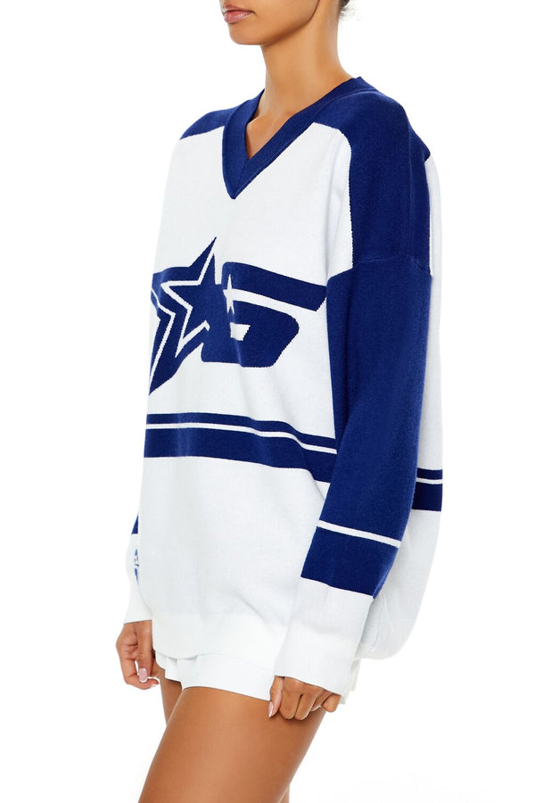 Forever21 Colorblock Star 6 Sweater WHITE/BLUE