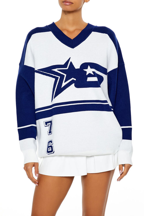 Forever21 Colorblock Star 6 Sweater WHITE/BLUE