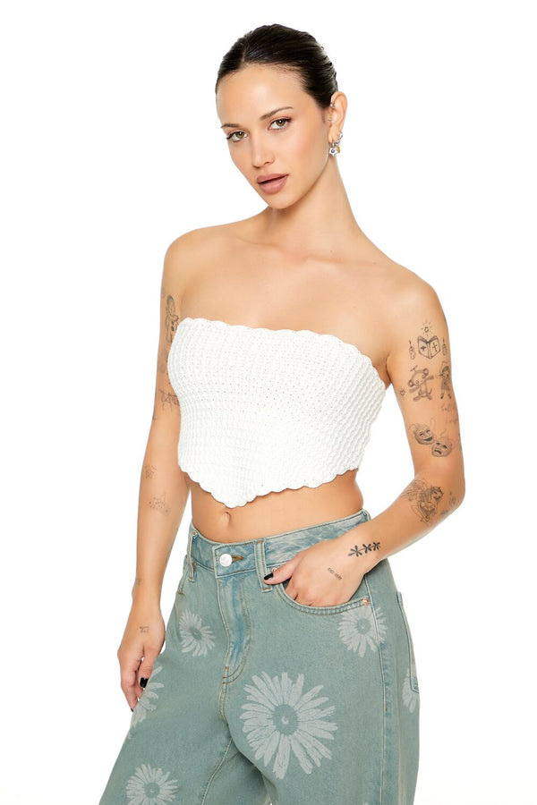 Forever21 Crochet Sweater-Knit Tube Top WHITE