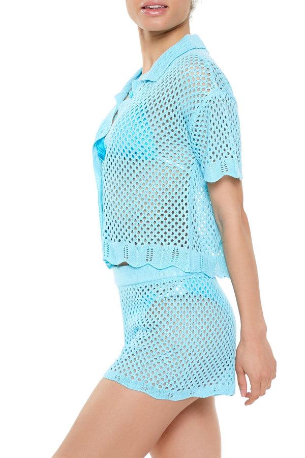 Forever21 Crochet Swim Cover-Up Shirt BLUE