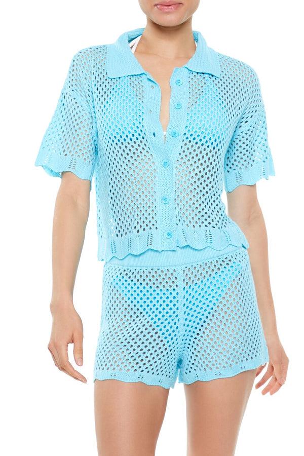 Forever21 Crochet Swim Cover-Up Shirt BLUE