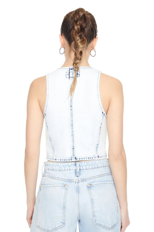 Forever21 Cropped Bleach Wash Vest LIGHT DENIM