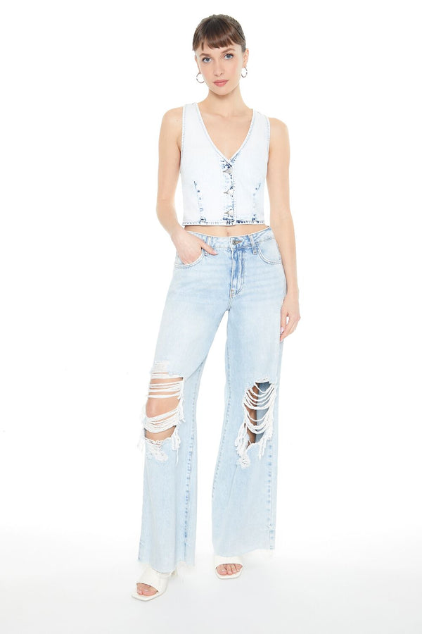 Forever21 Cropped Bleach Wash Vest LIGHT DENIM