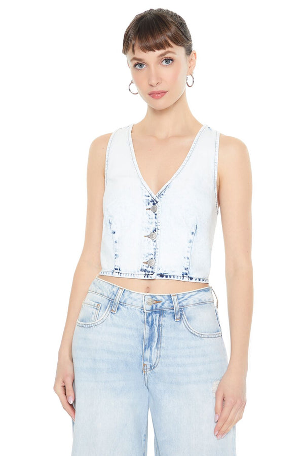 Forever21 Cropped Bleach Wash Vest LIGHT DENIM