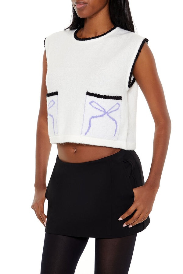 Forever21 Cropped Bow Sweater Vest WHITE/MULTI