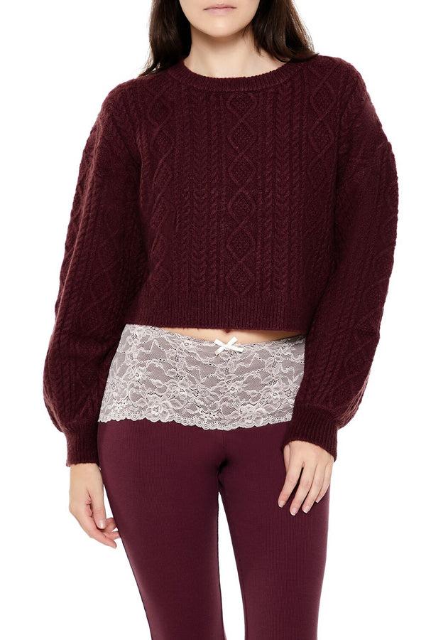 Forever21 Cropped Cable Knit Sweater MERLOT