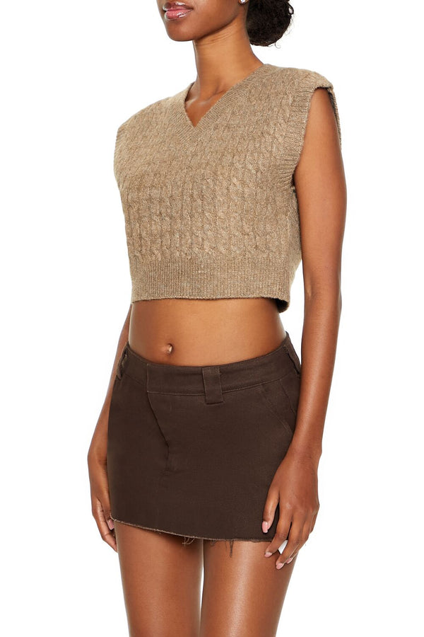 Forever21 Cropped Cable Knit Sweater Vest BROWN