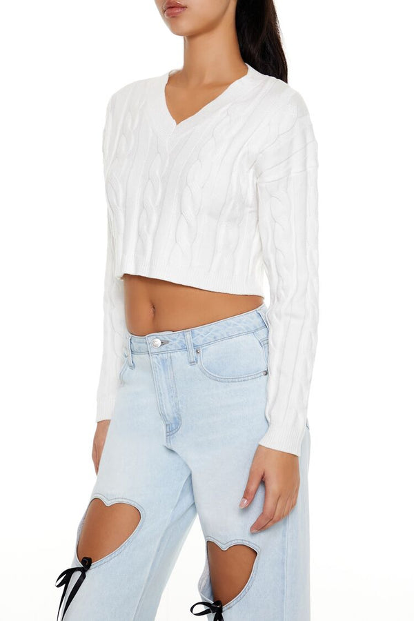 Forever21 Cropped Cable Knit Sweater WHITE