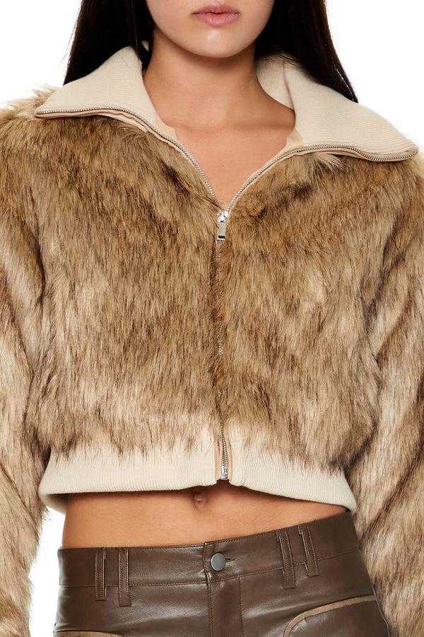 Forever21 Cropped Faux Fur Bomber Jacket TAN/MULTI
