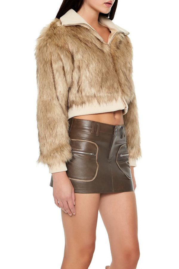 Forever21 Cropped Faux Fur Bomber Jacket TAN/MULTI