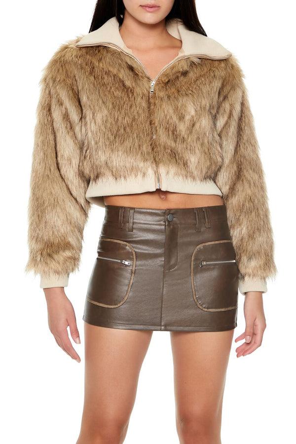 Forever21 Cropped Faux Fur Bomber Jacket TAN/MULTI