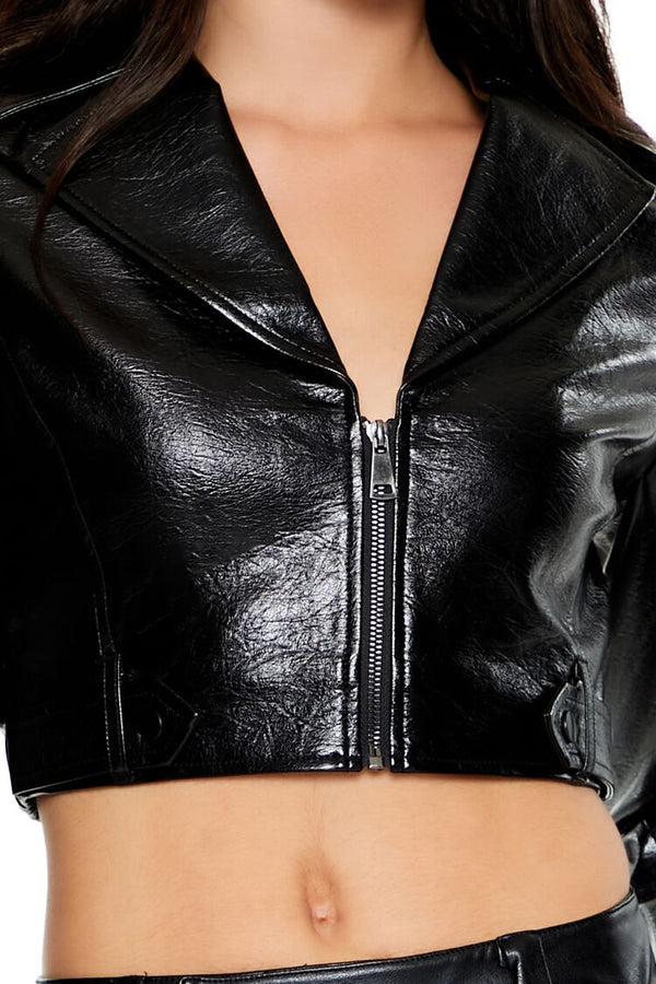 Forever21 Cropped Faux Leather Zip-Up Jacket BLACK