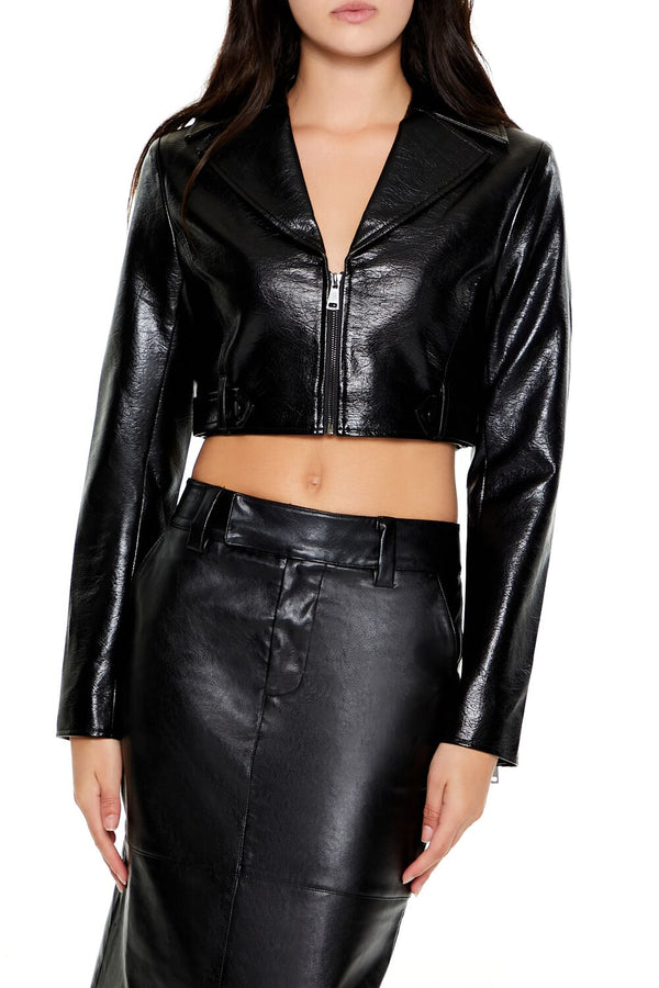 Forever21 Cropped Faux Leather Zip-Up Jacket BLACK