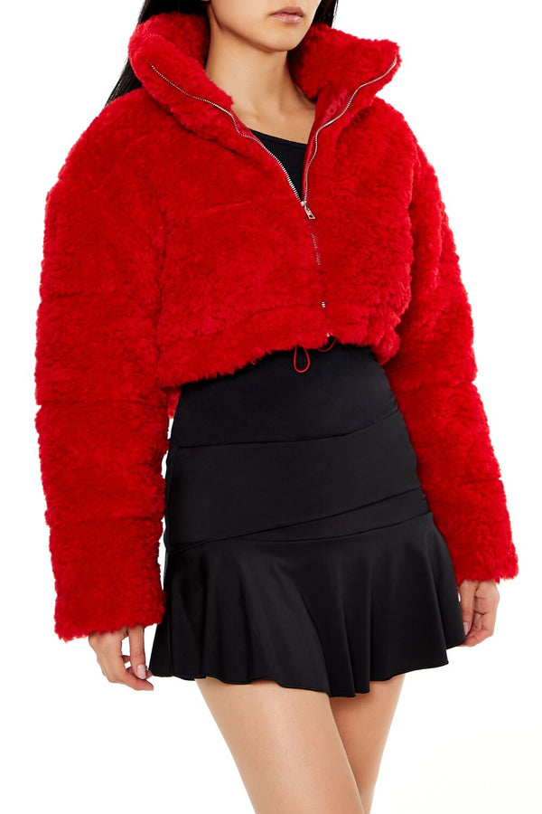 Forever21 Cropped Faux Shearling Jacket DARK RED