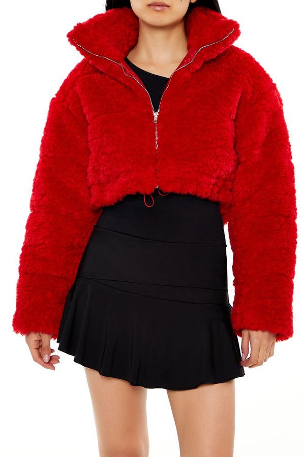 Forever21 Cropped Faux Shearling Jacket DARK RED