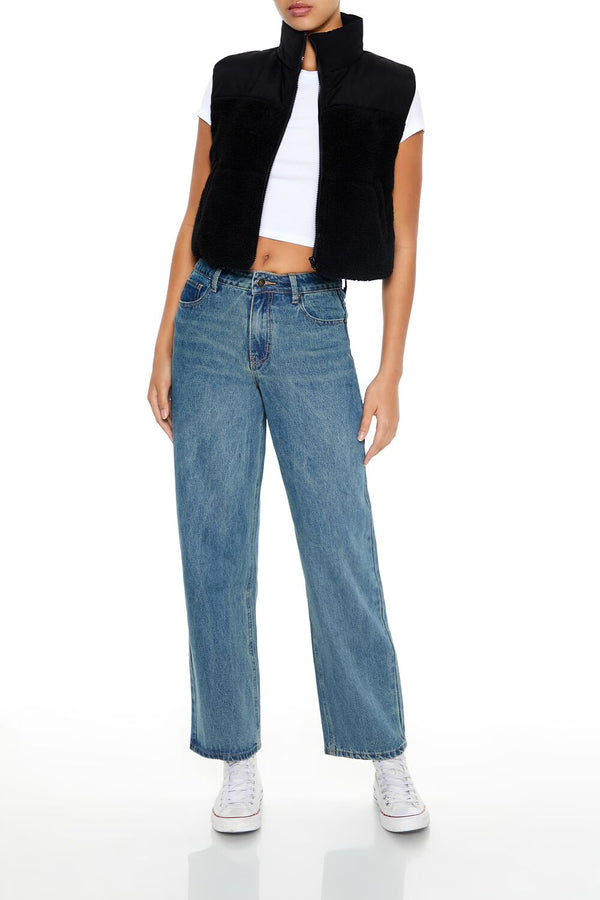 Forever21 Cropped Faux Shearling Vest BLACK