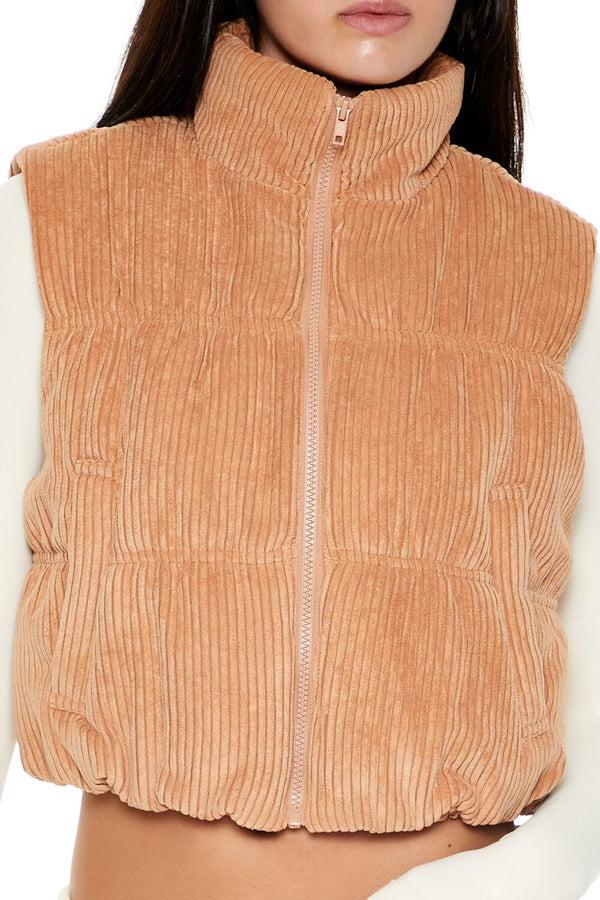 Forever21 Cropped Funnel Neck Corduroy Vest CAMEL