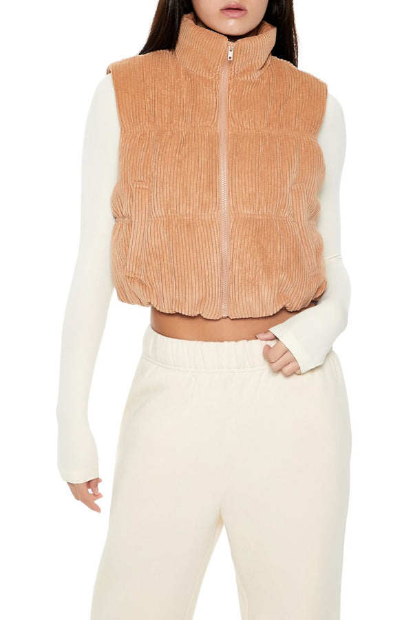 Forever21 Cropped Funnel Neck Corduroy Vest CAMEL