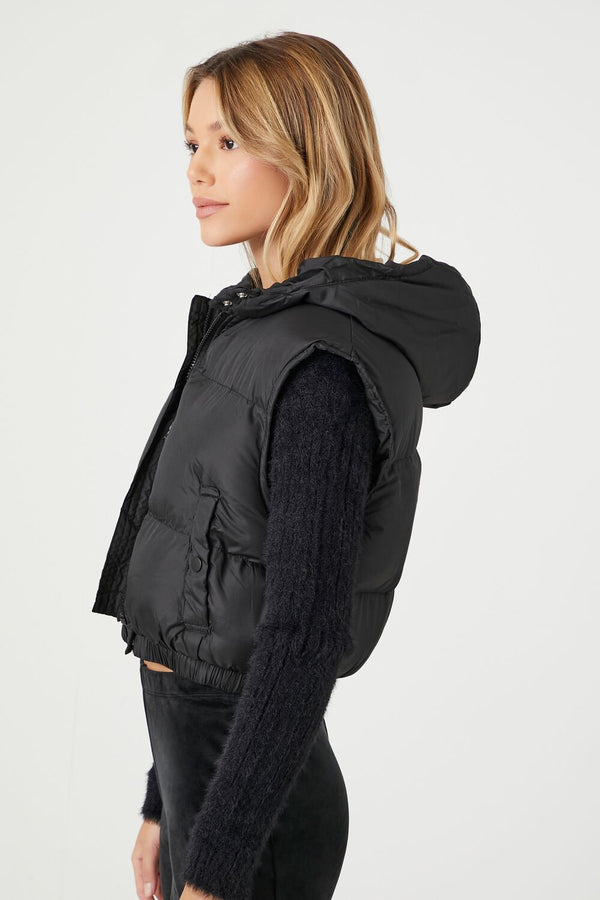 Forever21 Cropped Hooded Puffer Vest BLACK