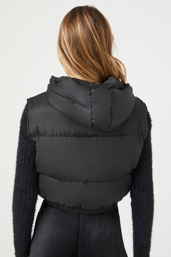 Forever21 Cropped Hooded Puffer Vest BLACK