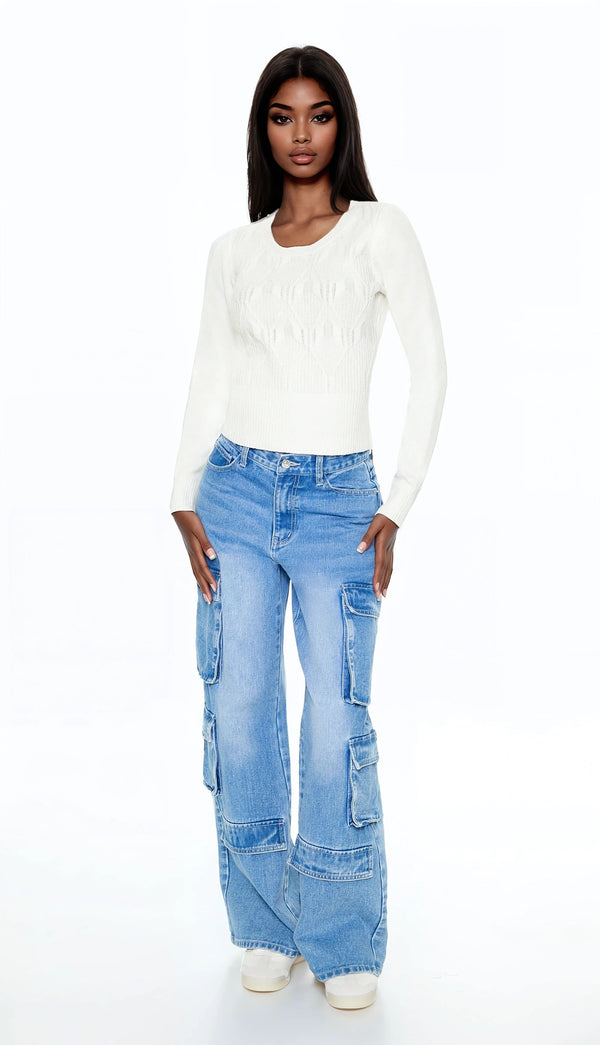 Forever21 Cropped Lattice Sweater WHITE