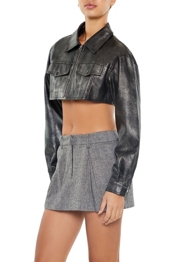 Forever21 Cropped Metallic Moto Jacket BLACK