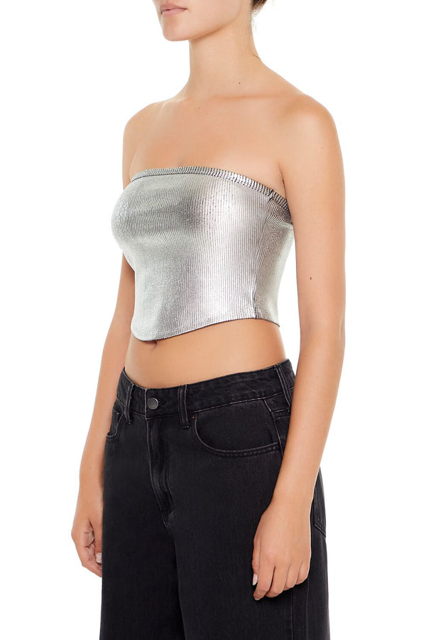 Forever21 Cropped Metallic Tube Top SILVER