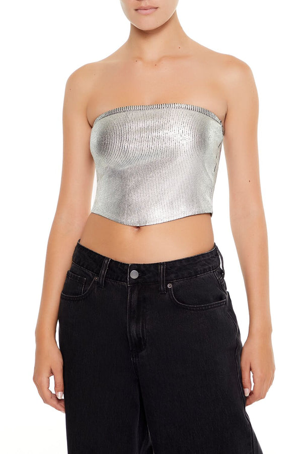 Forever21 Cropped Metallic Tube Top SILVER