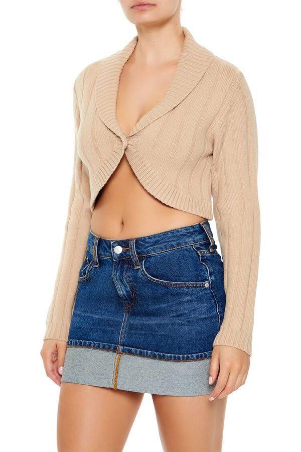 Forever21 Cropped Rib-Knit Cardigan Sweater TAN