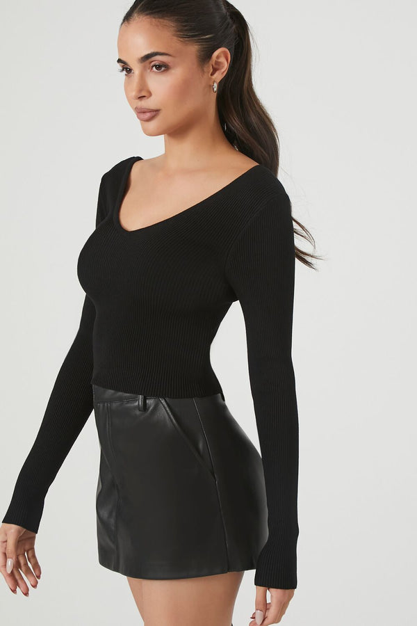 Forever21 Cropped Rib-Knit Sweater BLACK