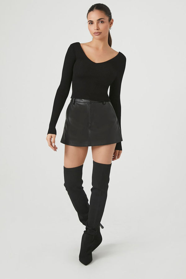Forever21 Cropped Rib-Knit Sweater BLACK