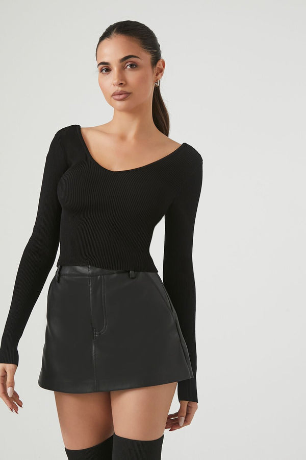 Forever21 Cropped Rib-Knit Sweater BLACK