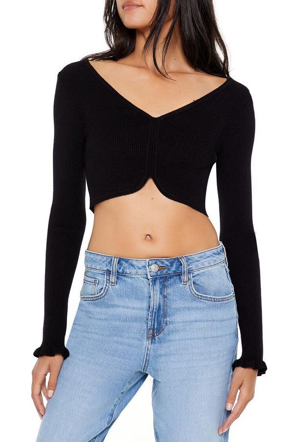 Forever21 Cropped Tulip-Hem Sweater-Knit Top BLACK