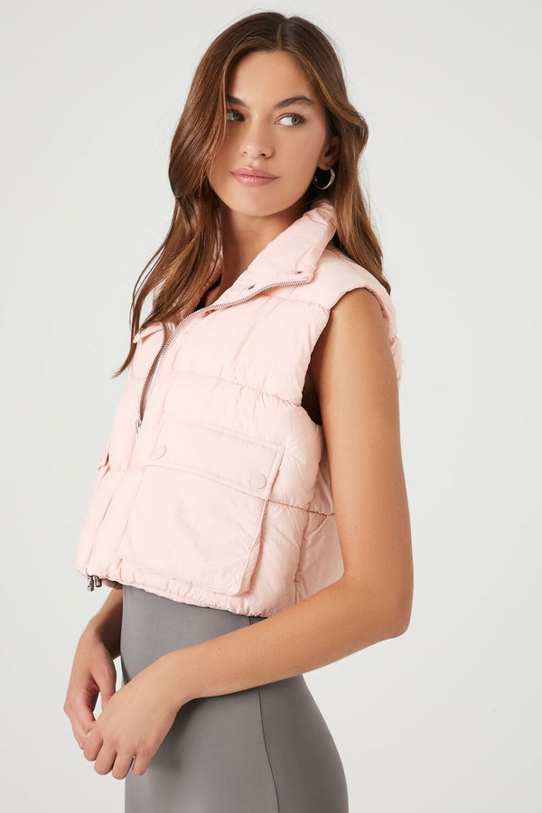 Forever21 Cropped Zip-Up Puffer Vest PINK ICING