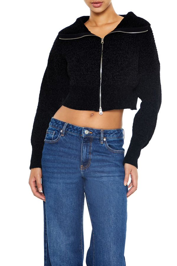 Forever21 Cropped Zip-Up Sweater BLACK