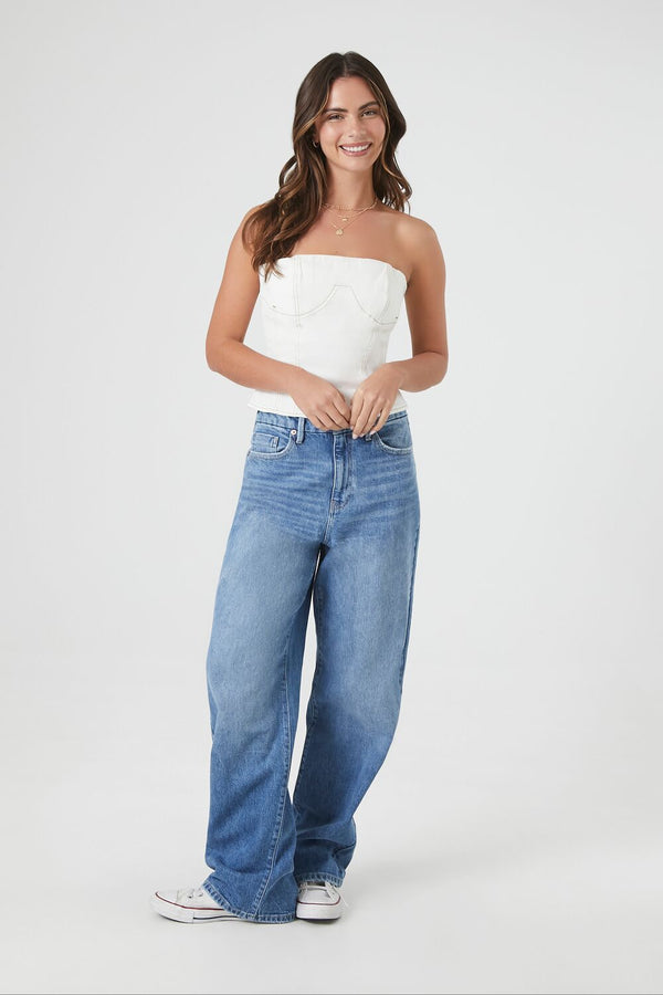 Forever21 Denim Bustier Tube Top WHITE